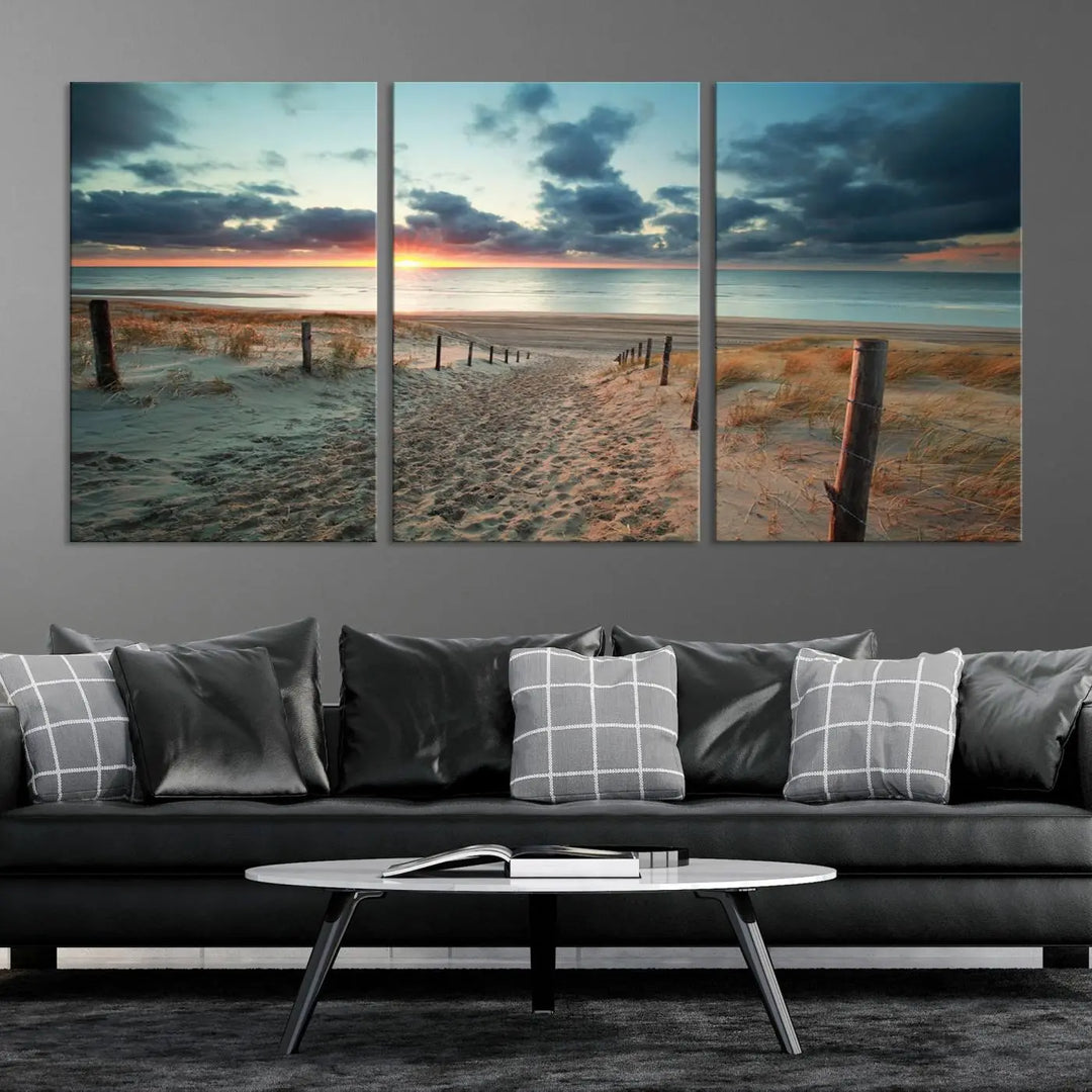 The living room features a Sunset and Beach Wall Art Canvas Print.