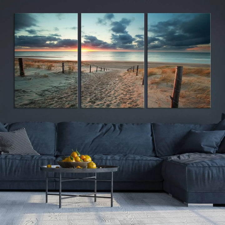 The living room features a Sunset and Beach Wall Art Canvas Print.