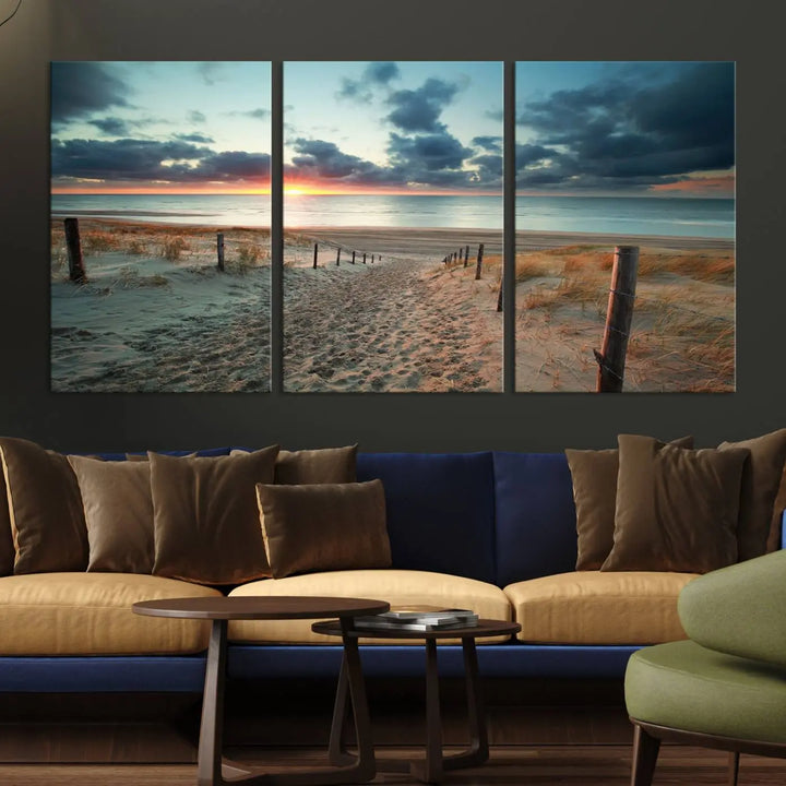 The living room features a Sunset and Beach Wall Art Canvas Print.