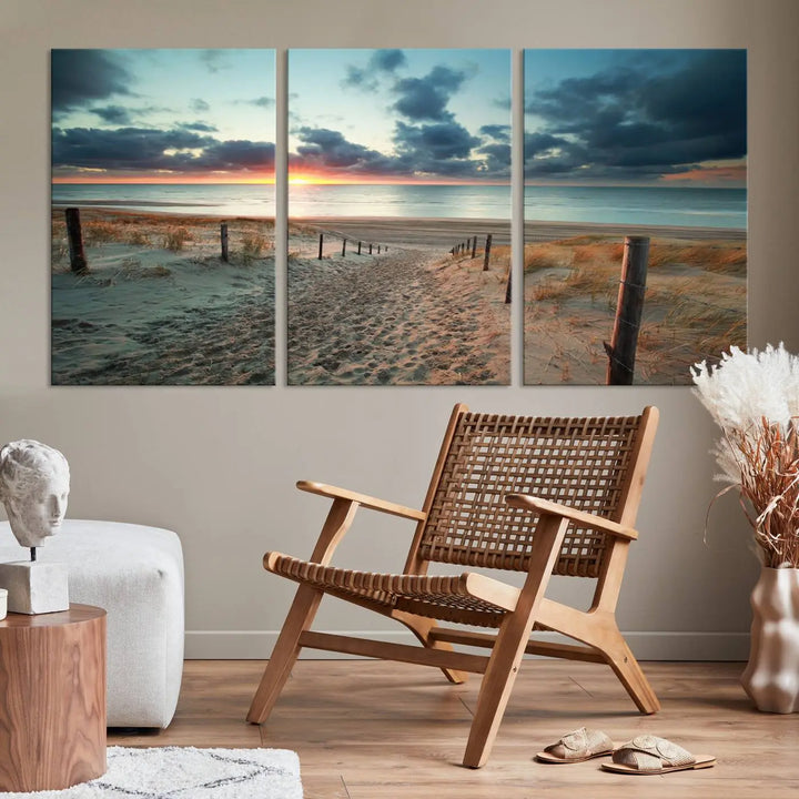 The living room features a Sunset and Beach Wall Art Canvas Print.