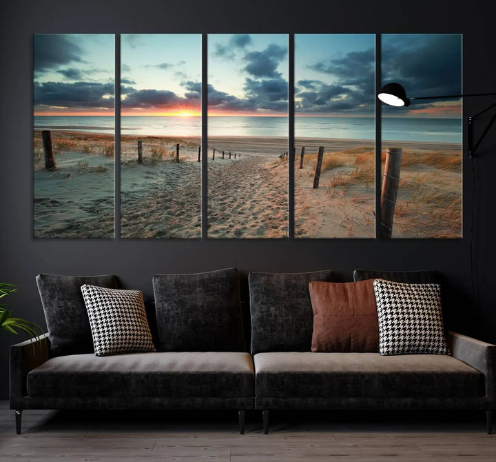 The living room features a Sunset and Beach Wall Art Canvas Print.