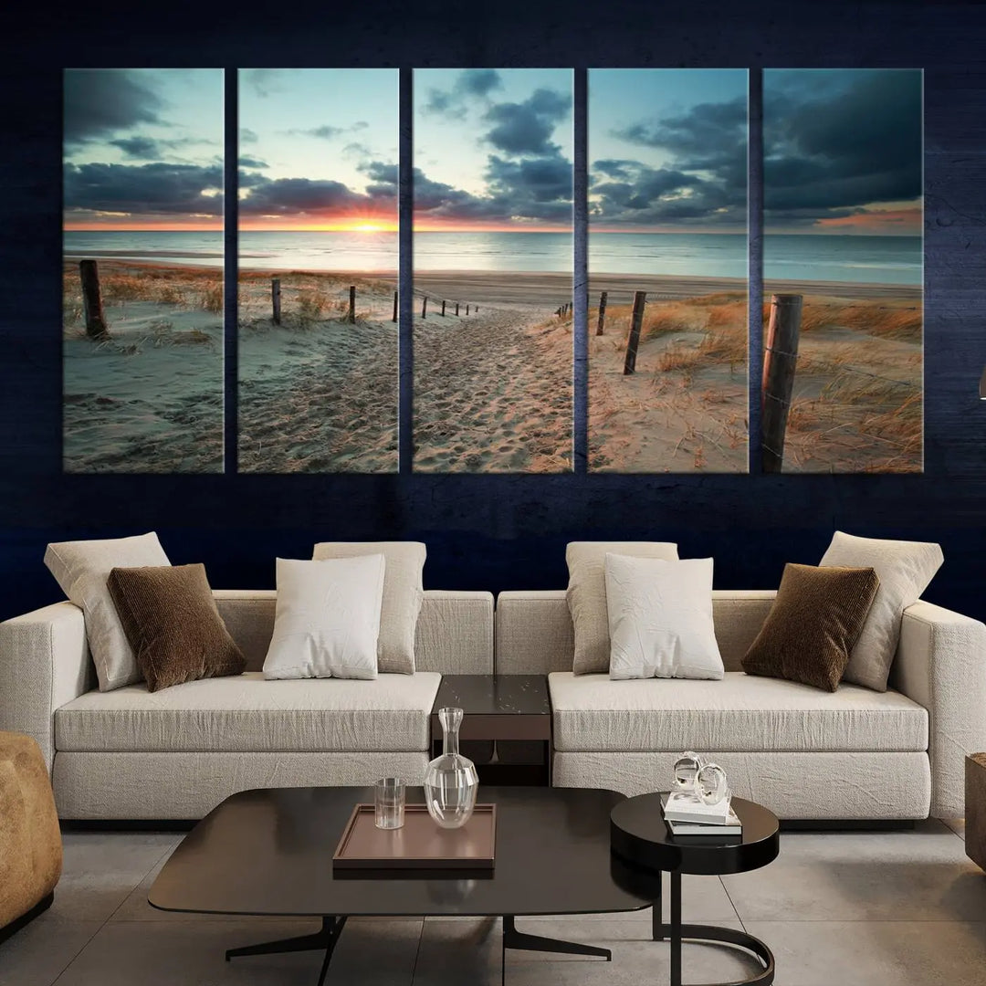 The living room features a Sunset and Beach Wall Art Canvas Print.