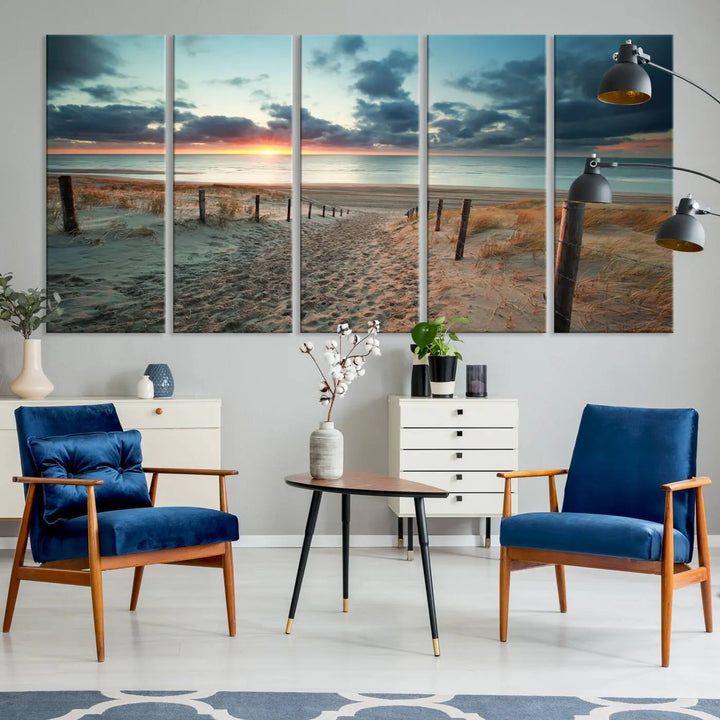 The living room features a Sunset and Beach Wall Art Canvas Print.