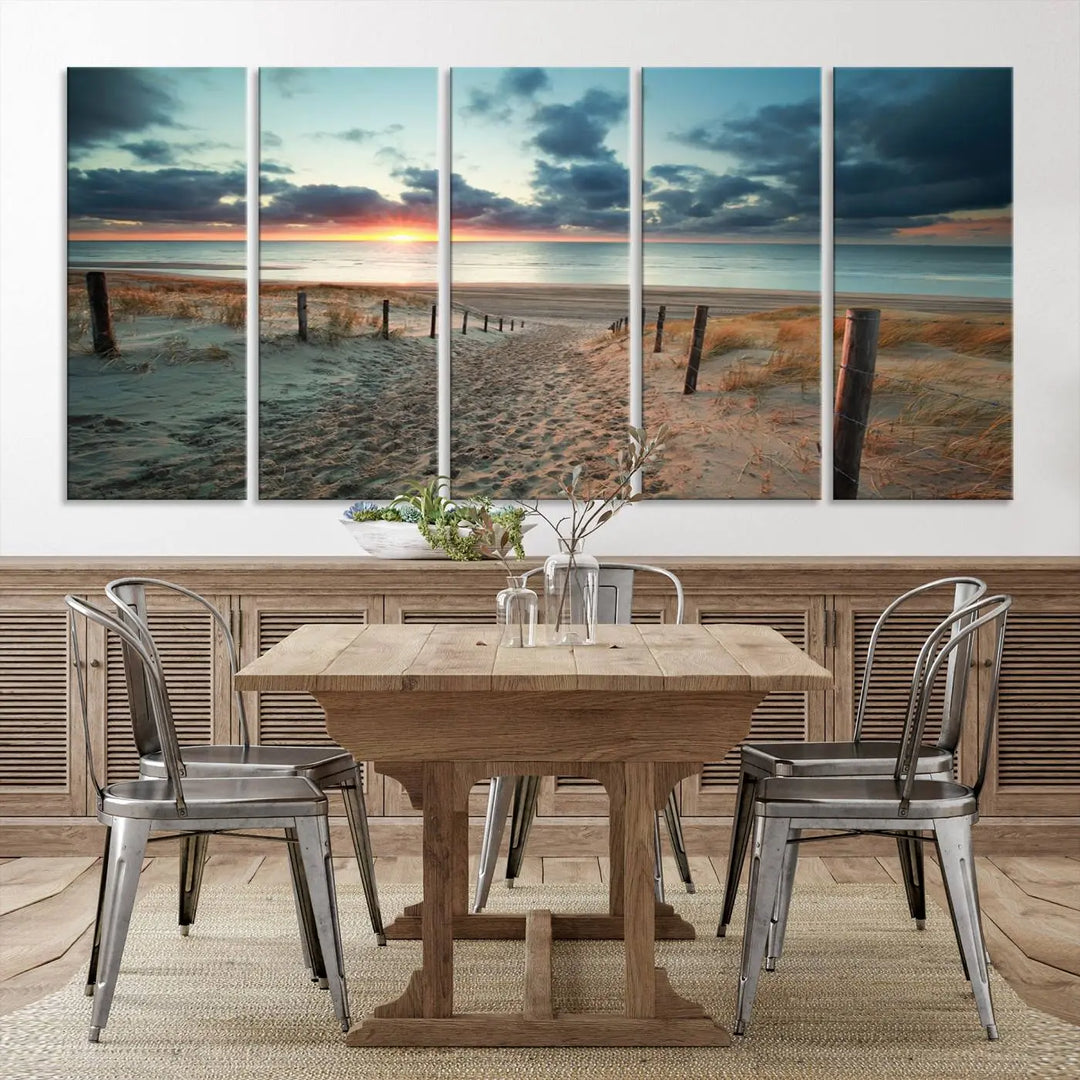 The living room features a Sunset and Beach Wall Art Canvas Print.