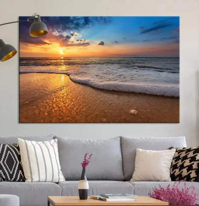 A hand-assembled, museum-quality three-panel canvas print titled "Sunset and Beach at Night" is showcased in the living room with modern decor.