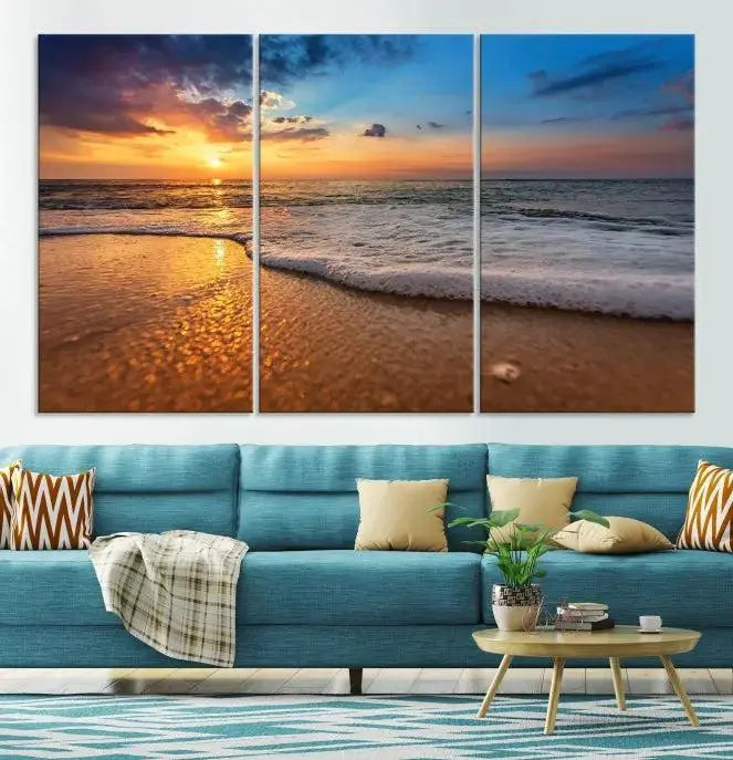 A hand-assembled, museum-quality three-panel canvas print titled "Sunset and Beach at Night" is showcased in the living room with modern decor.