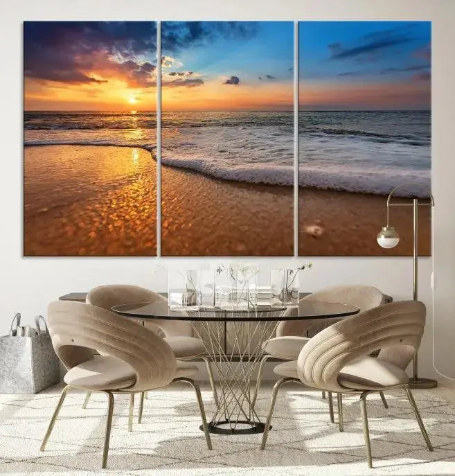 A hand-assembled, museum-quality three-panel canvas print titled "Sunset and Beach at Night" is showcased in the living room with modern decor.