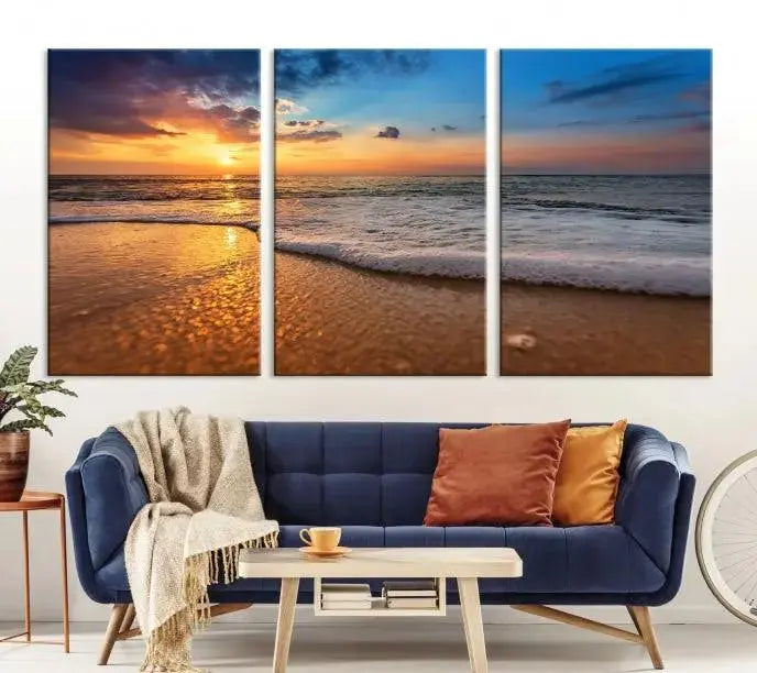 A hand-assembled, museum-quality three-panel canvas print titled "Sunset and Beach at Night" is showcased in the living room with modern decor.