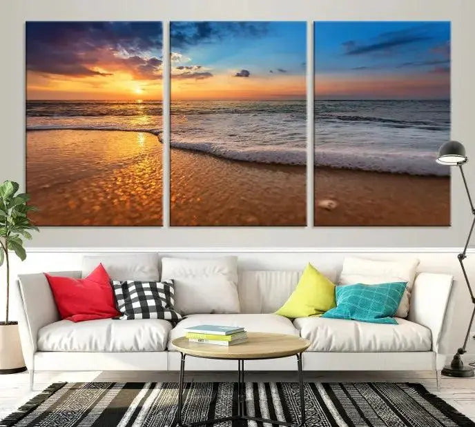 A hand-assembled, museum-quality three-panel canvas print titled "Sunset and Beach at Night" is showcased in the living room with modern decor.