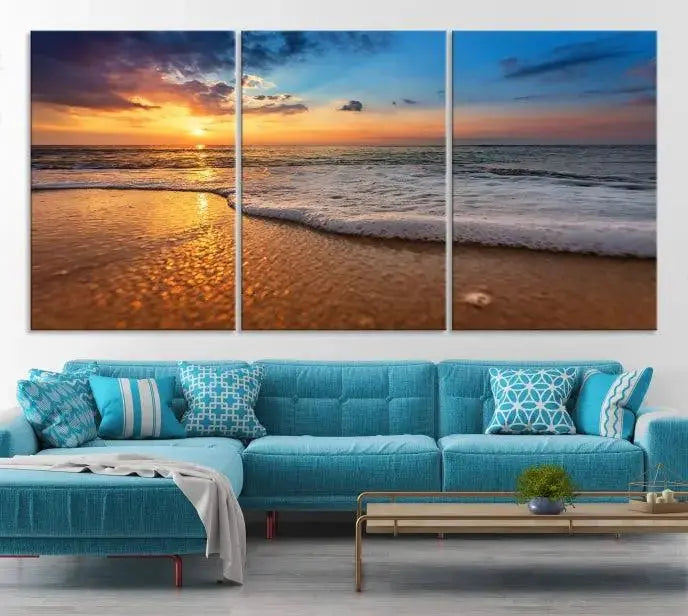 A hand-assembled, museum-quality three-panel canvas print titled "Sunset and Beach at Night" is showcased in the living room with modern decor.