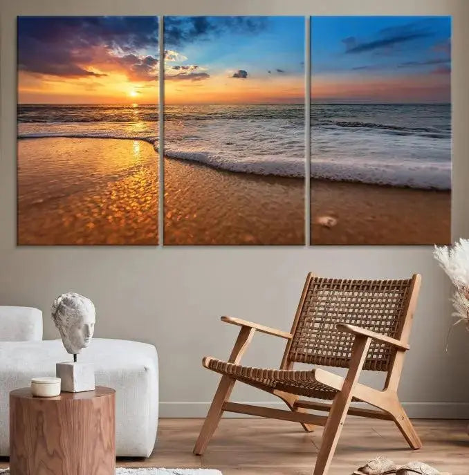 A hand-assembled, museum-quality three-panel canvas print titled "Sunset and Beach at Night" is showcased in the living room with modern decor.