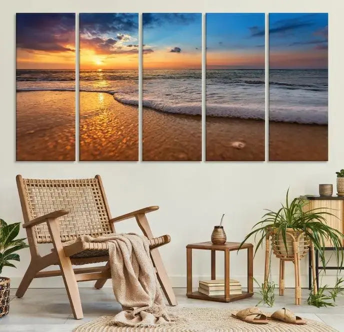 A hand-assembled, museum-quality three-panel canvas print titled "Sunset and Beach at Night" is showcased in the living room with modern decor.