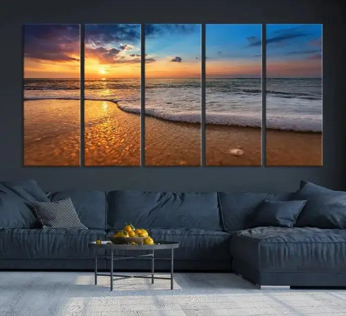 A hand-assembled, museum-quality three-panel canvas print titled "Sunset and Beach at Night" is showcased in the living room with modern decor.