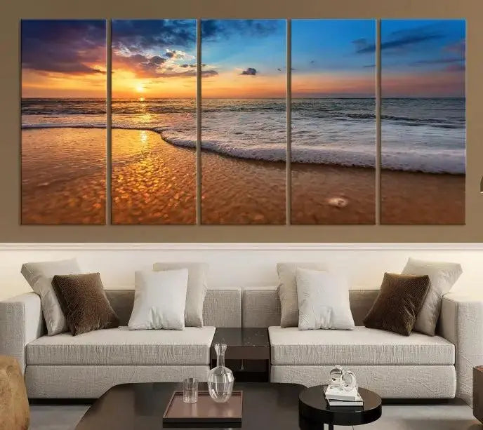 A hand-assembled, museum-quality three-panel canvas print titled "Sunset and Beach at Night" is showcased in the living room with modern decor.