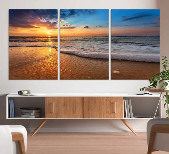 A hand-assembled, museum-quality three-panel canvas print titled "Sunset and Beach at Night" is showcased in the living room with modern decor.