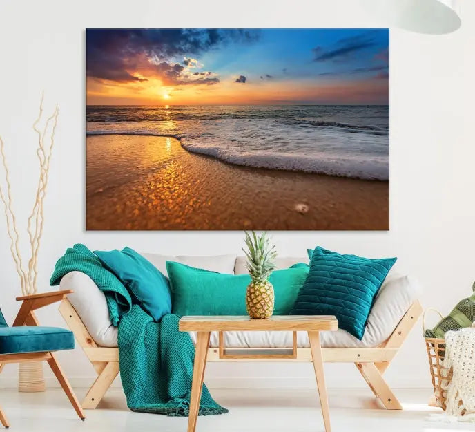 A hand-assembled, museum-quality three-panel canvas print titled "Sunset and Beach at Night" is showcased in the living room with modern decor.