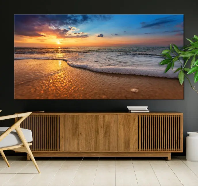 A hand-assembled, museum-quality three-panel canvas print titled "Sunset and Beach at Night" is showcased in the living room with modern decor.