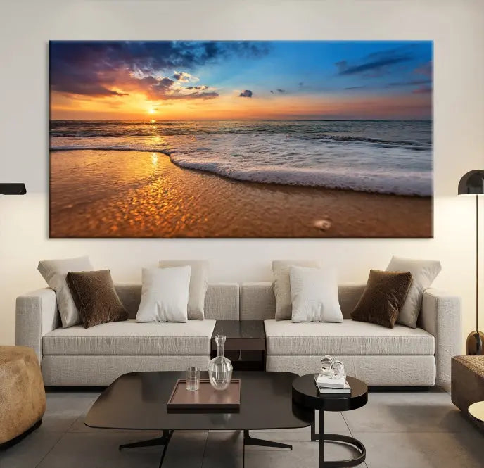 A hand-assembled, museum-quality three-panel canvas print titled "Sunset and Beach at Night" is showcased in the living room with modern decor.