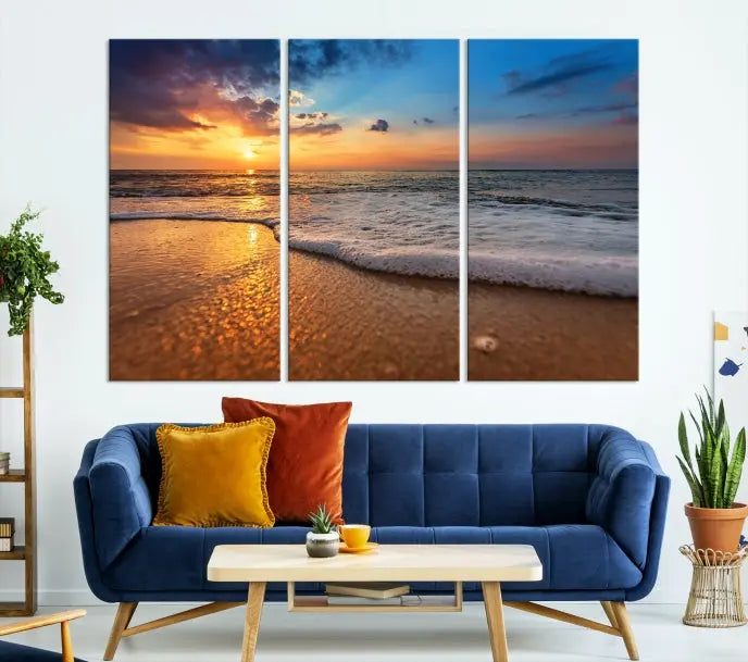 A hand-assembled, museum-quality three-panel canvas print titled "Sunset and Beach at Night" is showcased in the living room with modern decor.