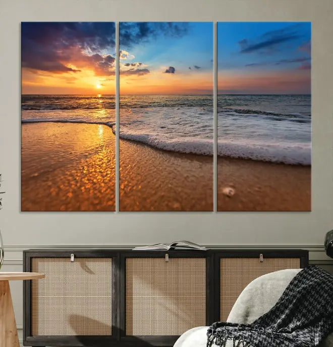 A hand-assembled, museum-quality three-panel canvas print titled "Sunset and Beach at Night" is showcased in the living room with modern decor.