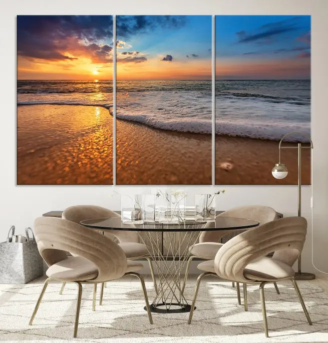 A hand-assembled, museum-quality three-panel canvas print titled "Sunset and Beach at Night" is showcased in the living room with modern decor.