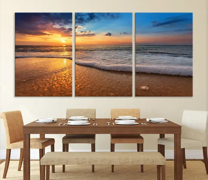 A hand-assembled, museum-quality three-panel canvas print titled "Sunset and Beach at Night" is showcased in the living room with modern decor.