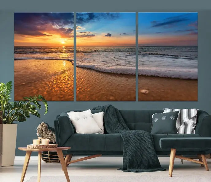 A hand-assembled, museum-quality three-panel canvas print titled "Sunset and Beach at Night" is showcased in the living room with modern decor.