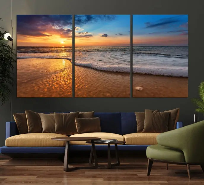 A hand-assembled, museum-quality three-panel canvas print titled "Sunset and Beach at Night" is showcased in the living room with modern decor.