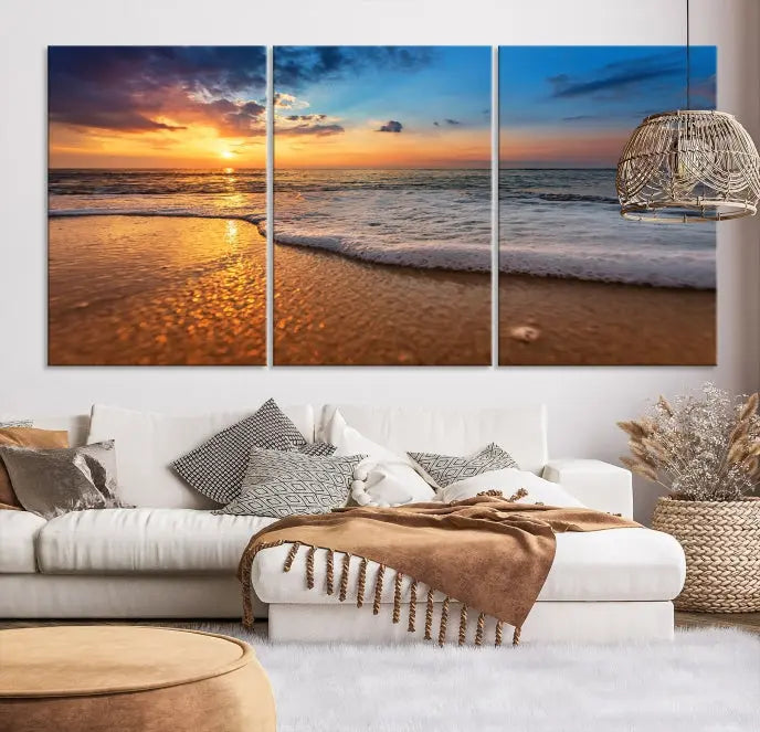 A hand-assembled, museum-quality three-panel canvas print titled "Sunset and Beach at Night" is showcased in the living room with modern decor.