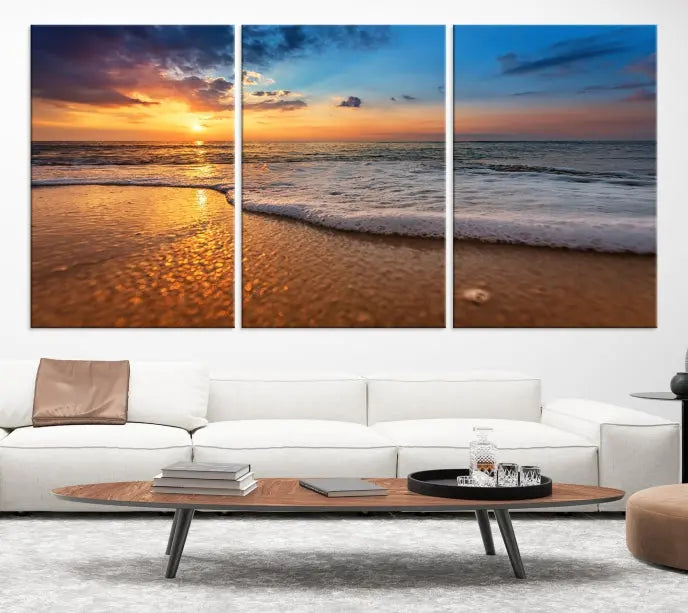 A hand-assembled, museum-quality three-panel canvas print titled "Sunset and Beach at Night" is showcased in the living room with modern decor.