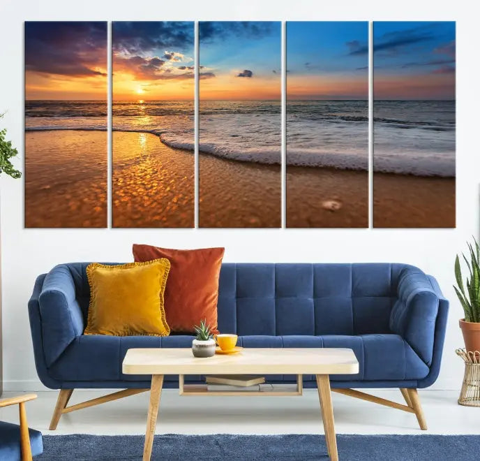 A hand-assembled, museum-quality three-panel canvas print titled "Sunset and Beach at Night" is showcased in the living room with modern decor.