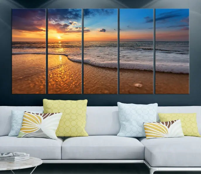 A hand-assembled, museum-quality three-panel canvas print titled "Sunset and Beach at Night" is showcased in the living room with modern decor.