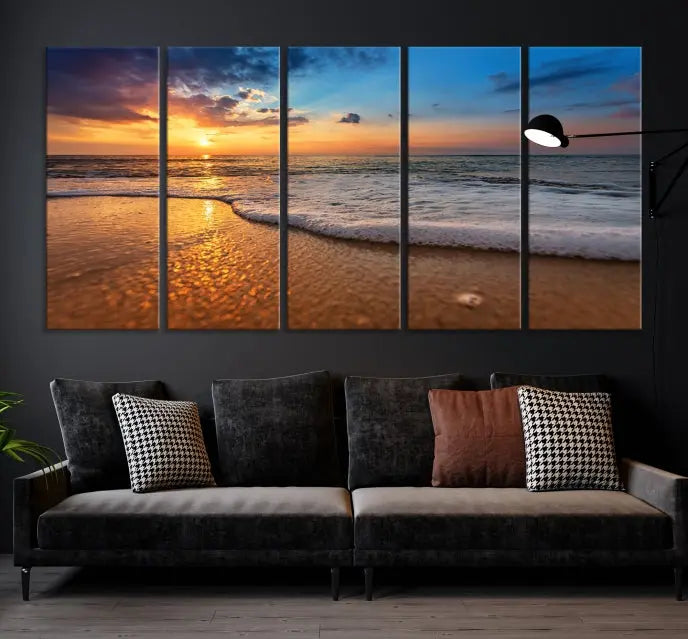 A hand-assembled, museum-quality three-panel canvas print titled "Sunset and Beach at Night" is showcased in the living room with modern decor.