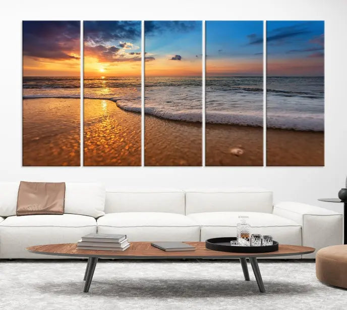 A hand-assembled, museum-quality three-panel canvas print titled "Sunset and Beach at Night" is showcased in the living room with modern decor.