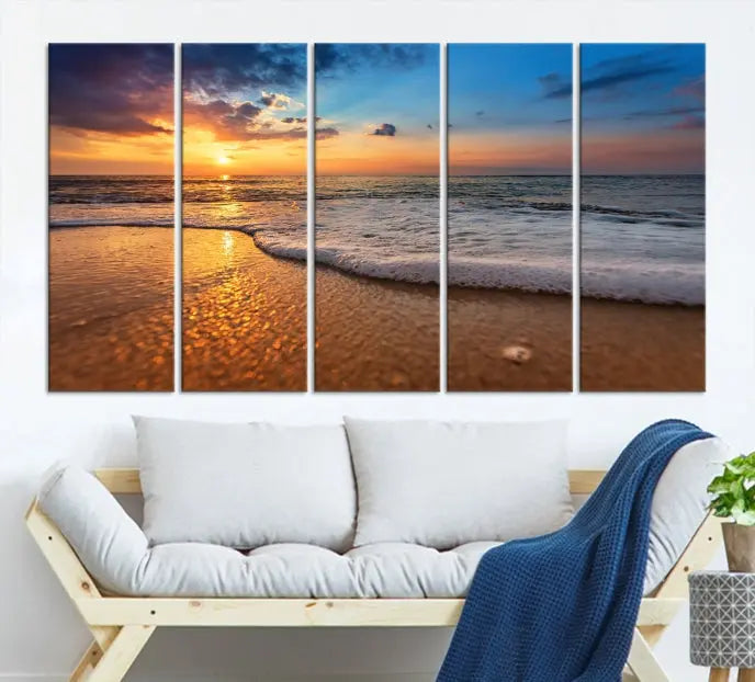 A hand-assembled, museum-quality three-panel canvas print titled "Sunset and Beach at Night" is showcased in the living room with modern decor.