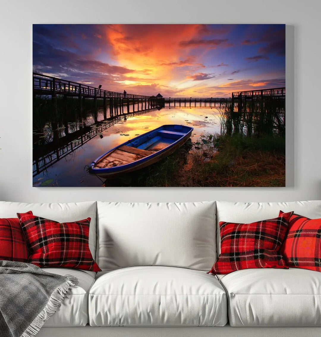 The "Sunset and Lake Landscape View Wall Art Canvas Print" showcases a tranquil sunset over a lake with a wooden dock and boat. The artwork is gallery wrapped on museum-quality canvas and features a UV-protective coating to maintain its vividness and allure.