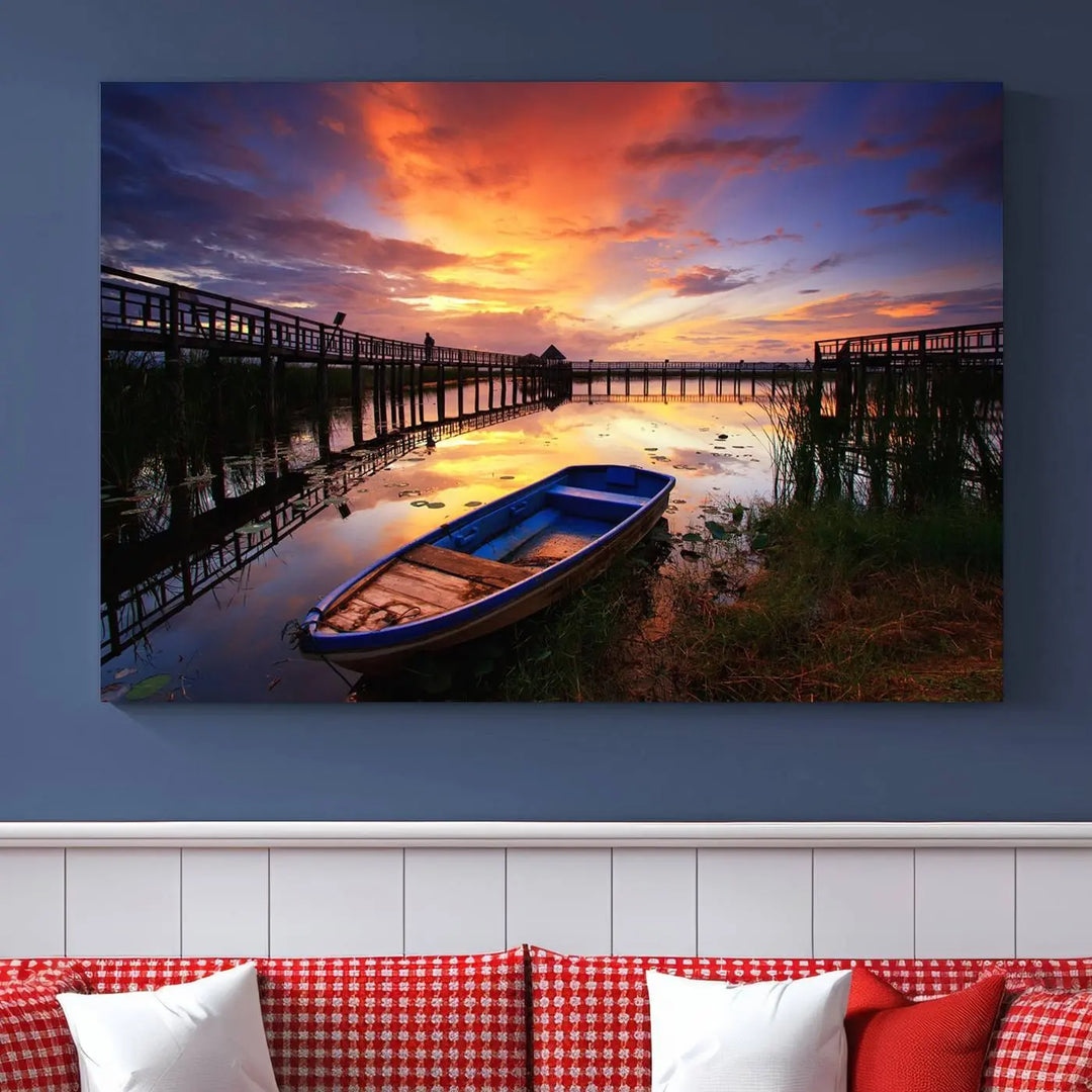 The "Sunset and Lake Landscape View Wall Art Canvas Print" showcases a tranquil sunset over a lake with a wooden dock and boat. The artwork is gallery wrapped on museum-quality canvas and features a UV-protective coating to maintain its vividness and allure.