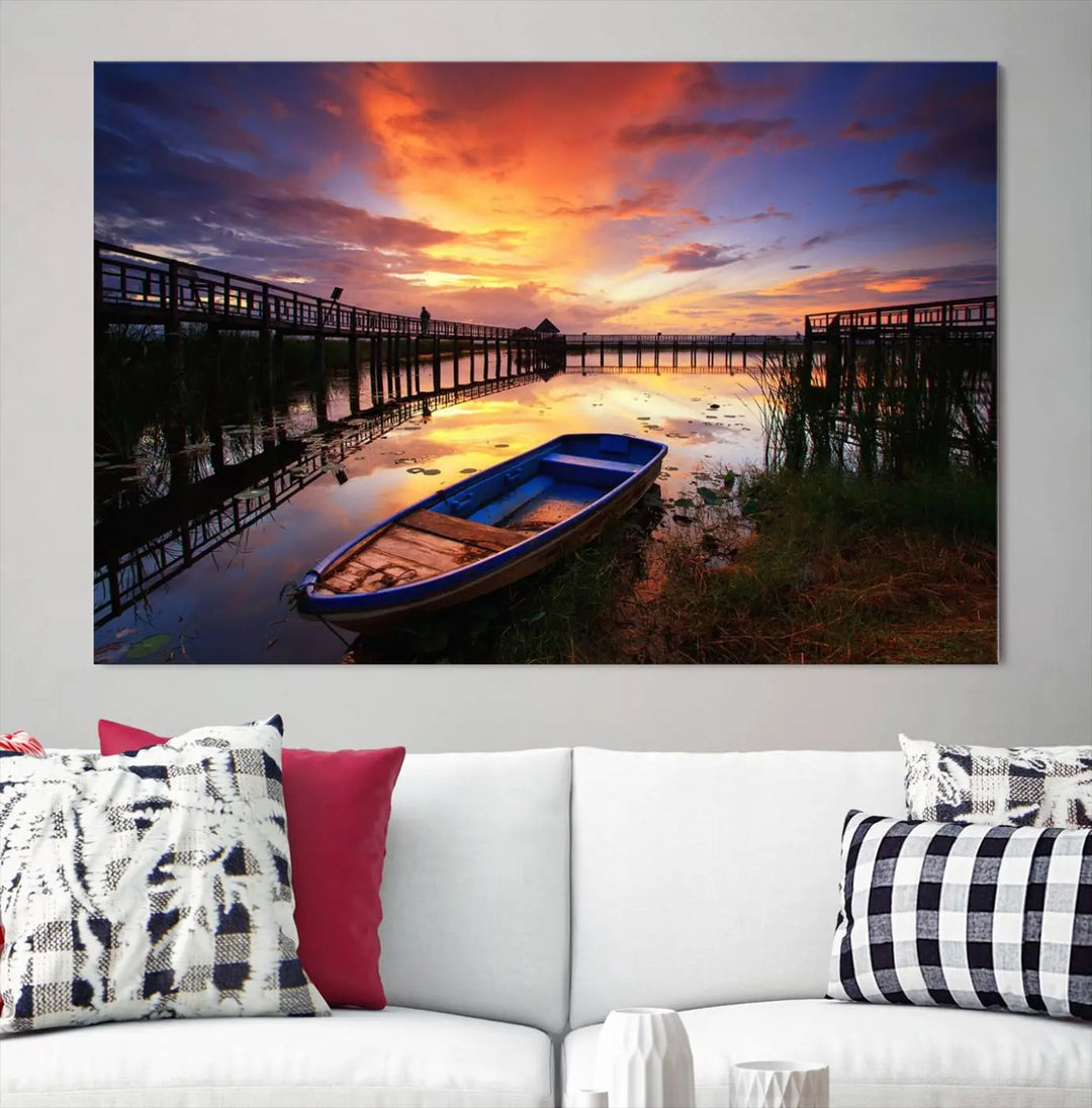 The "Sunset and Lake Landscape View Wall Art Canvas Print" showcases a tranquil sunset over a lake with a wooden dock and boat. The artwork is gallery wrapped on museum-quality canvas and features a UV-protective coating to maintain its vividness and allure.