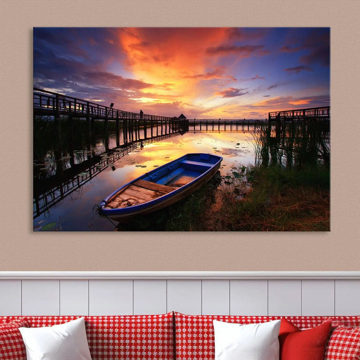 The "Sunset and Lake Landscape View Wall Art Canvas Print" showcases a tranquil sunset over a lake with a wooden dock and boat. The artwork is gallery wrapped on museum-quality canvas and features a UV-protective coating to maintain its vividness and allure.