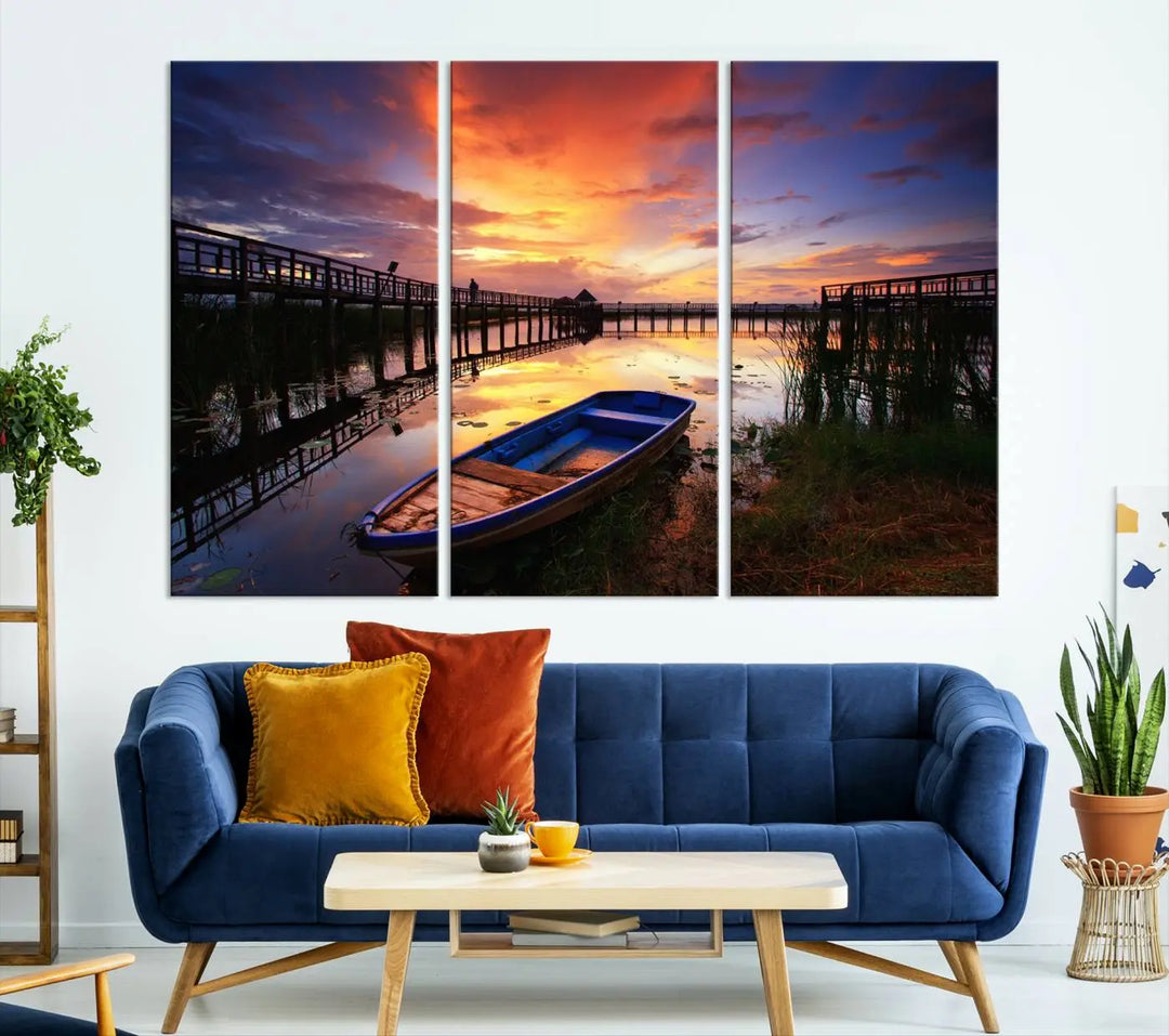 The "Sunset and Lake Landscape View Wall Art Canvas Print" showcases a tranquil sunset over a lake with a wooden dock and boat. The artwork is gallery wrapped on museum-quality canvas and features a UV-protective coating to maintain its vividness and allure.