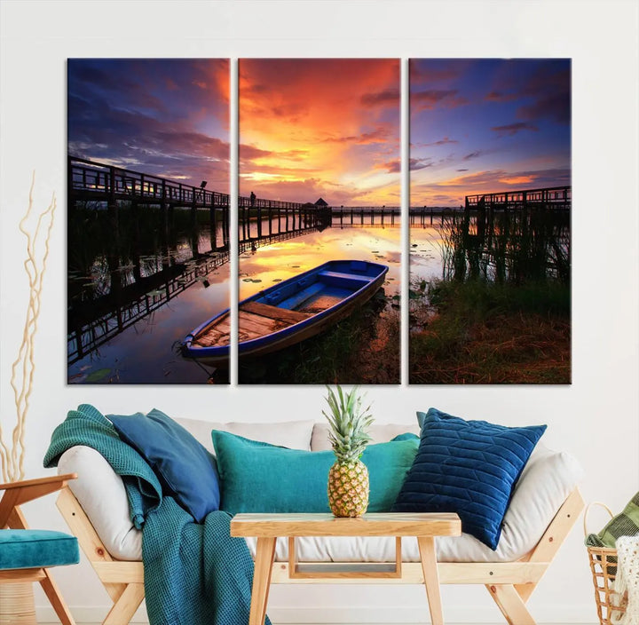 The "Sunset and Lake Landscape View Wall Art Canvas Print" showcases a tranquil sunset over a lake with a wooden dock and boat. The artwork is gallery wrapped on museum-quality canvas and features a UV-protective coating to maintain its vividness and allure.