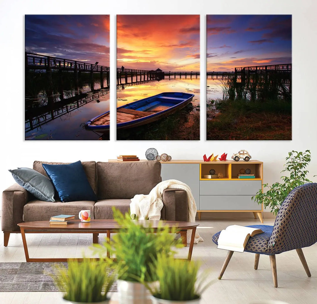 The "Sunset and Lake Landscape View Wall Art Canvas Print" showcases a tranquil sunset over a lake with a wooden dock and boat. The artwork is gallery wrapped on museum-quality canvas and features a UV-protective coating to maintain its vividness and allure.