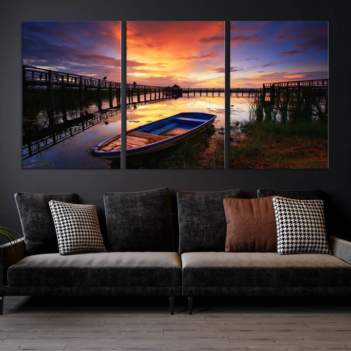 The "Sunset and Lake Landscape View Wall Art Canvas Print" showcases a tranquil sunset over a lake with a wooden dock and boat. The artwork is gallery wrapped on museum-quality canvas and features a UV-protective coating to maintain its vividness and allure.