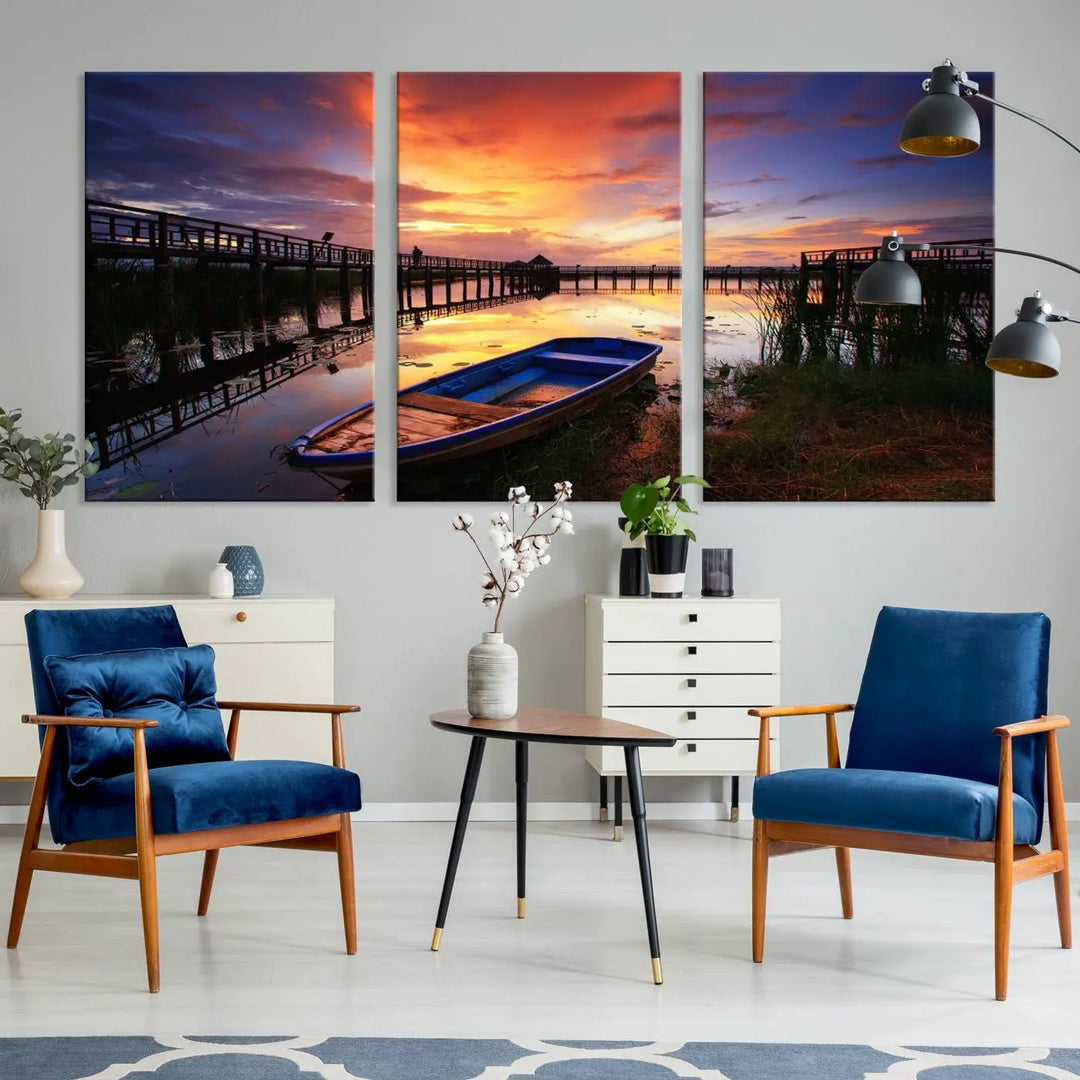 The "Sunset and Lake Landscape View Wall Art Canvas Print" showcases a tranquil sunset over a lake with a wooden dock and boat. The artwork is gallery wrapped on museum-quality canvas and features a UV-protective coating to maintain its vividness and allure.