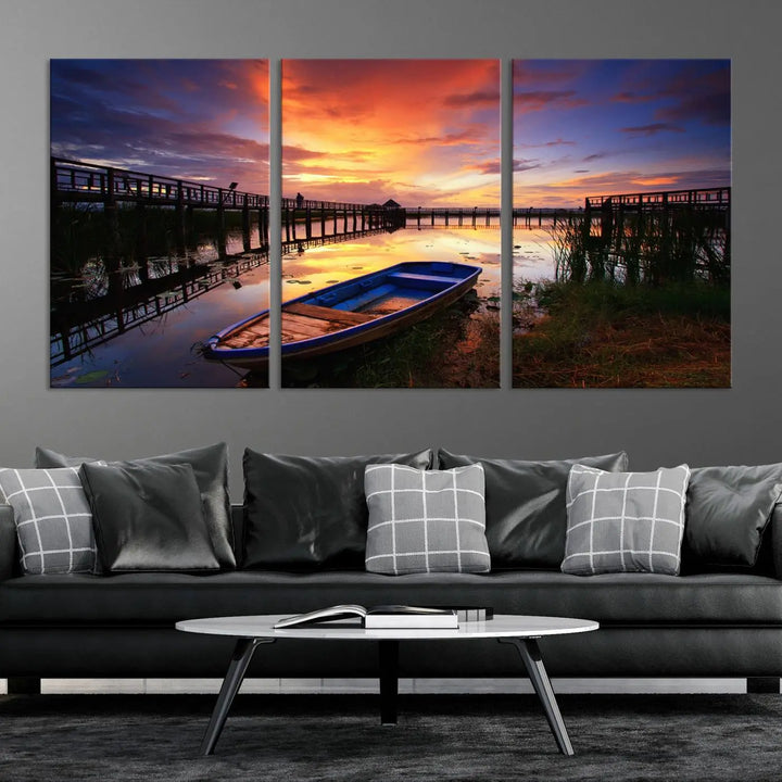 The "Sunset and Lake Landscape View Wall Art Canvas Print" showcases a tranquil sunset over a lake with a wooden dock and boat. The artwork is gallery wrapped on museum-quality canvas and features a UV-protective coating to maintain its vividness and allure.