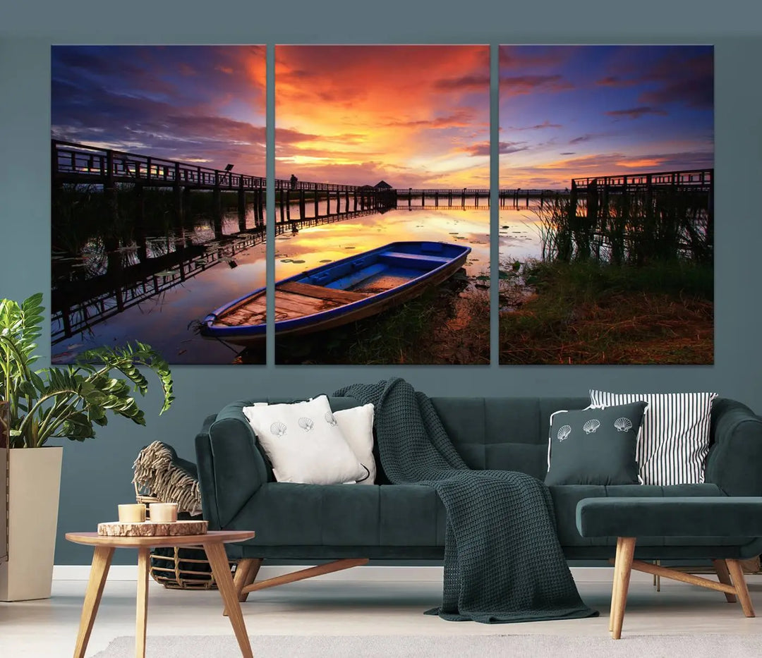 The "Sunset and Lake Landscape View Wall Art Canvas Print" showcases a tranquil sunset over a lake with a wooden dock and boat. The artwork is gallery wrapped on museum-quality canvas and features a UV-protective coating to maintain its vividness and allure.