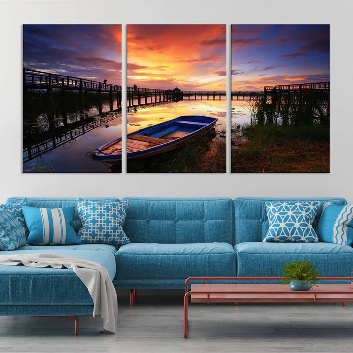 The "Sunset and Lake Landscape View Wall Art Canvas Print" showcases a tranquil sunset over a lake with a wooden dock and boat. The artwork is gallery wrapped on museum-quality canvas and features a UV-protective coating to maintain its vividness and allure.