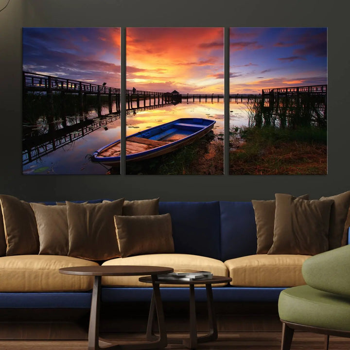 The "Sunset and Lake Landscape View Wall Art Canvas Print" showcases a tranquil sunset over a lake with a wooden dock and boat. The artwork is gallery wrapped on museum-quality canvas and features a UV-protective coating to maintain its vividness and allure.