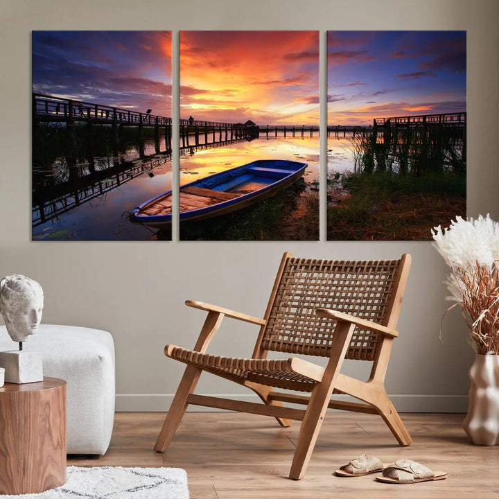 The "Sunset and Lake Landscape View Wall Art Canvas Print" showcases a tranquil sunset over a lake with a wooden dock and boat. The artwork is gallery wrapped on museum-quality canvas and features a UV-protective coating to maintain its vividness and allure.