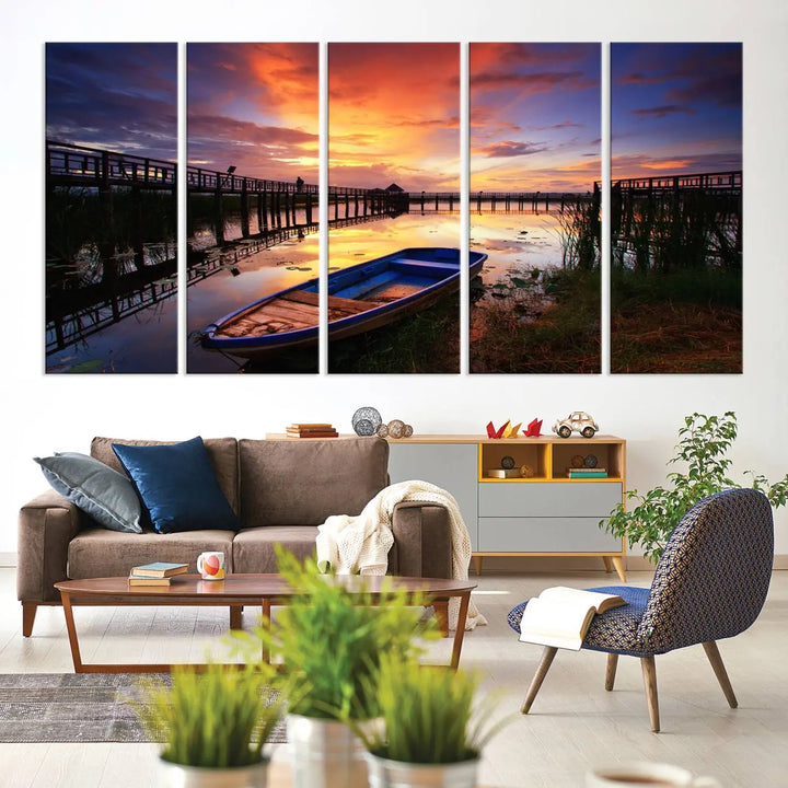 The "Sunset and Lake Landscape View Wall Art Canvas Print" showcases a tranquil sunset over a lake with a wooden dock and boat. The artwork is gallery wrapped on museum-quality canvas and features a UV-protective coating to maintain its vividness and allure.